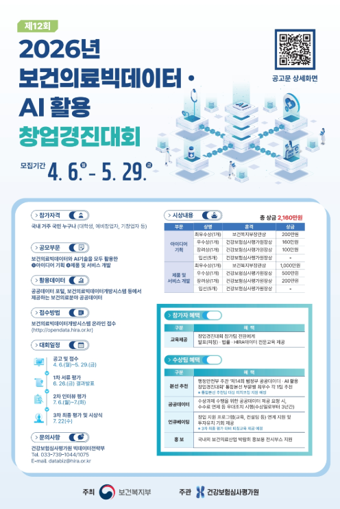 2026년 보건의료빅데이터‧AI 활용 창업경진대회 포스터