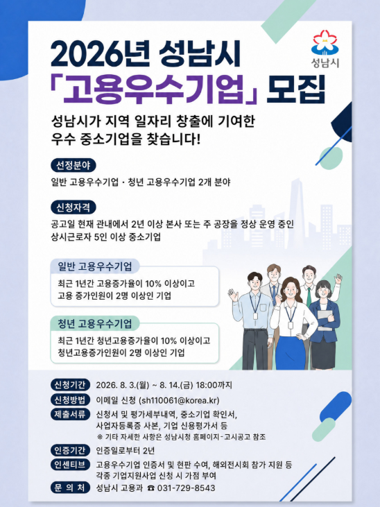 2026년 성남시 고용우수기업 모집 홍보 포스터