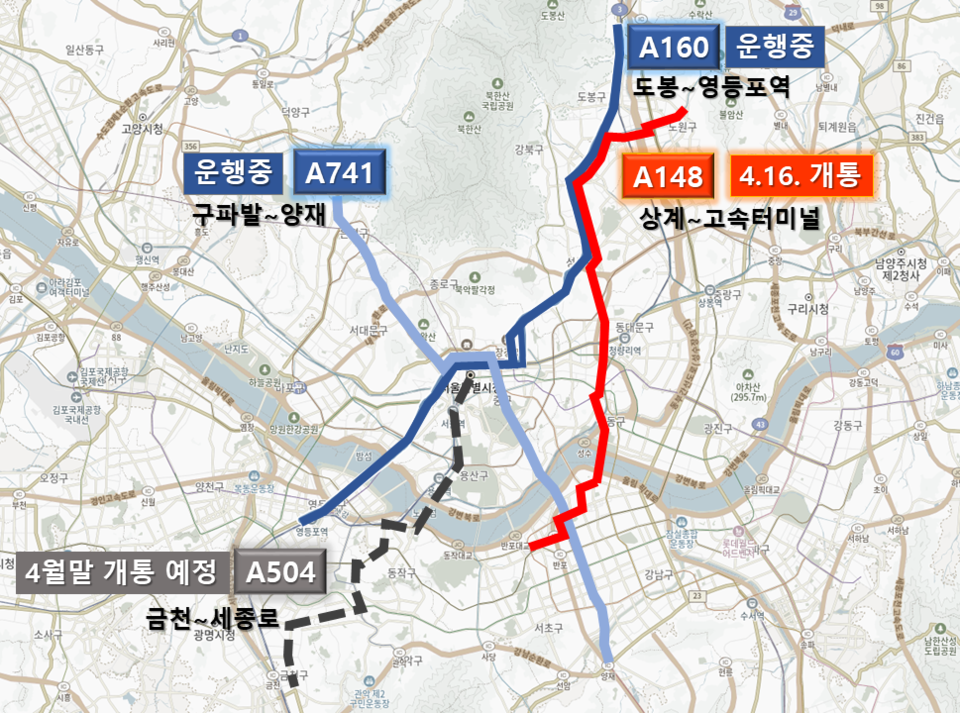 16일부터 새벽 시간대 이동 수요에 대응하는 'A148' 새벽동행 자율주행버스' 노선도.(사진_서울시)