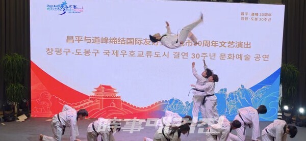 힘찬 발차기와 고난도 격파 등 태권도 시범을 선보이고 있는 도봉구 태권도협회. (사진_박기만 기자)